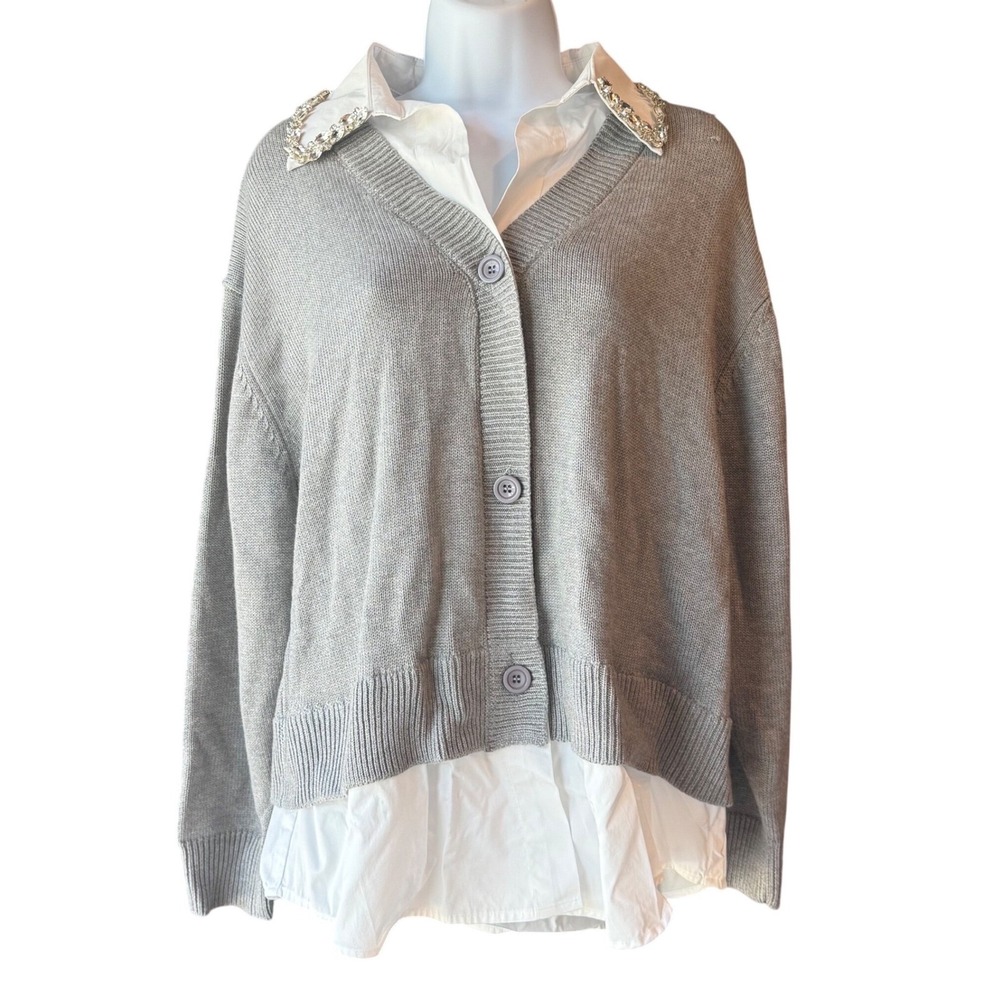 JS71 Brooks Cardigan Sweater Embellished Collar Layered Look S/M NWT